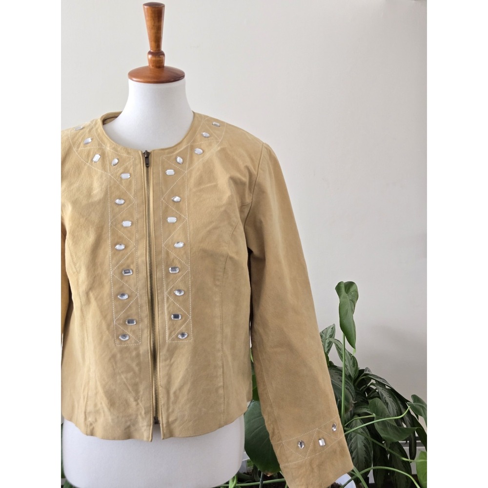 Vintage Lew Magram Collection Tan Suede Leather Rhinestone Jacket Women's 14